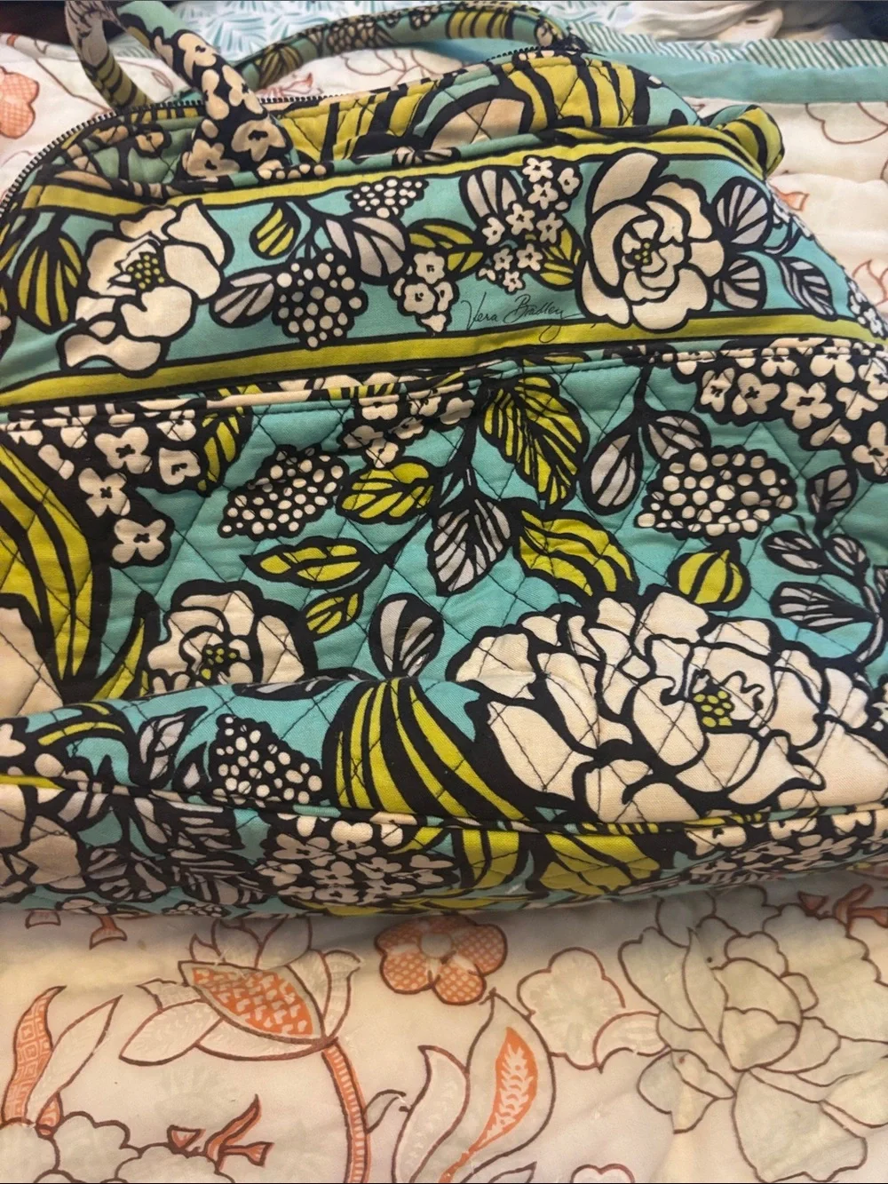 Vera Bradley Turquoise Floral Quilted pocketbook with Lime Accents